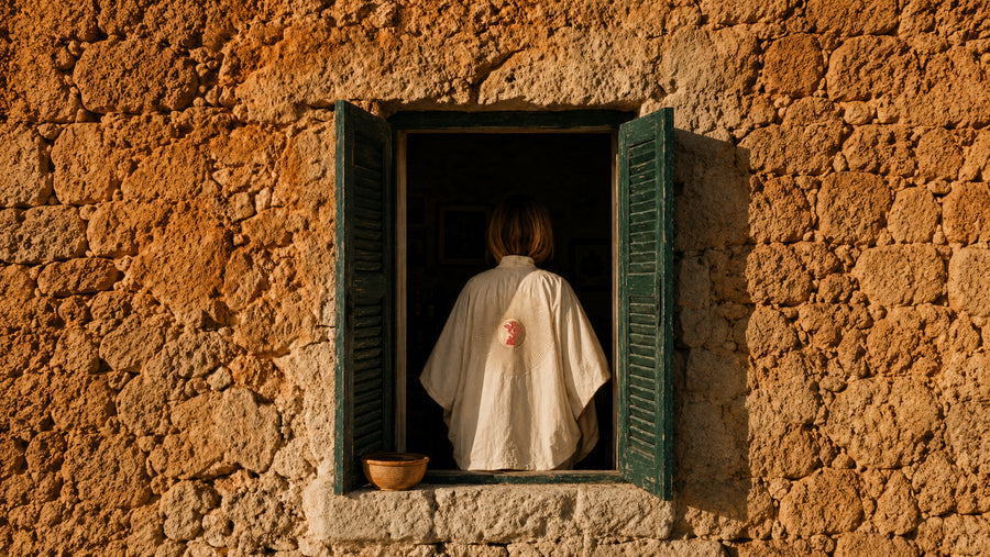 LVX kimono in a Mediterranean stone window